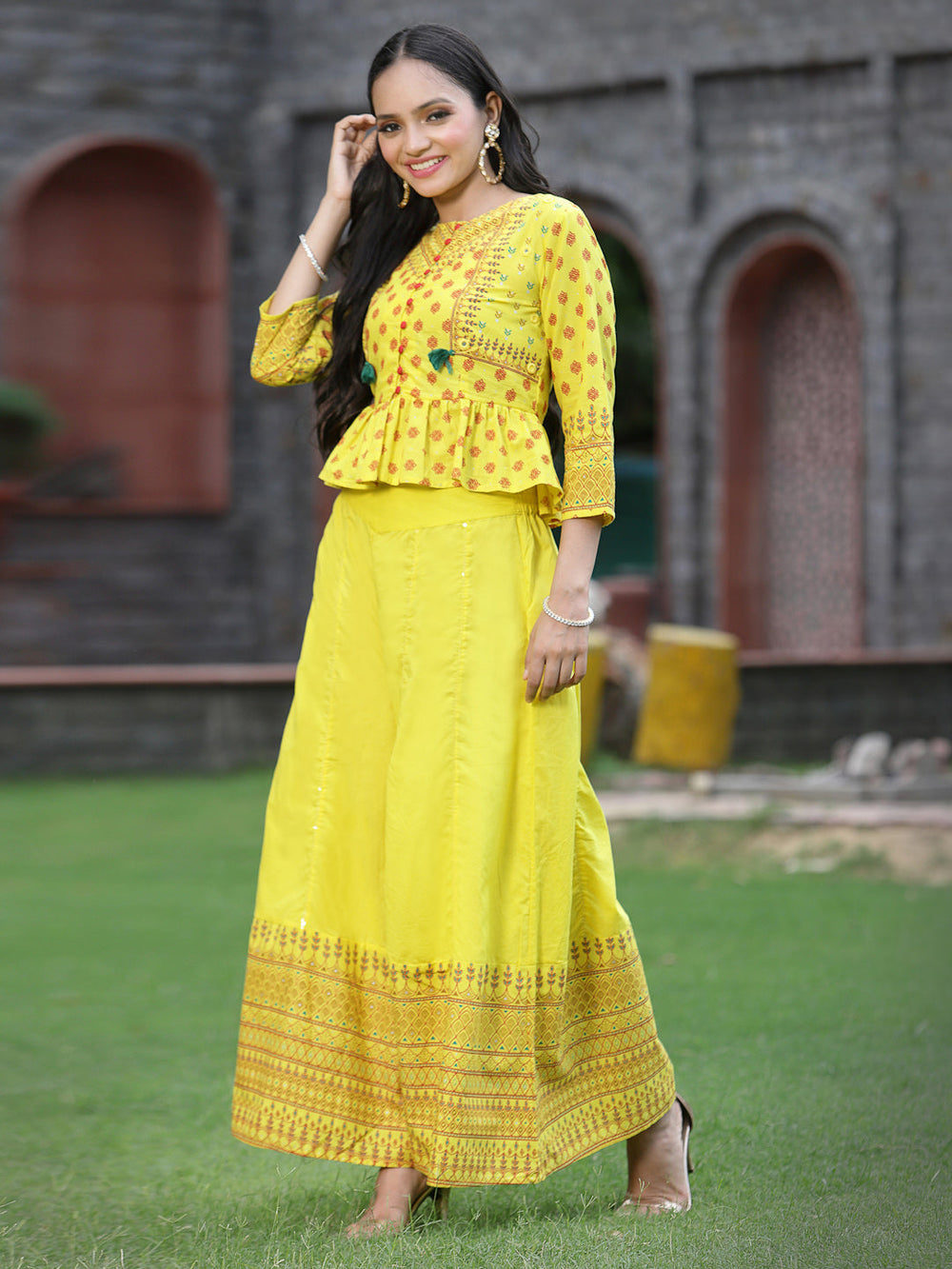 Juniper Women's Yellow Cambric Printed Peplum Clothing Set | Swadesiicart