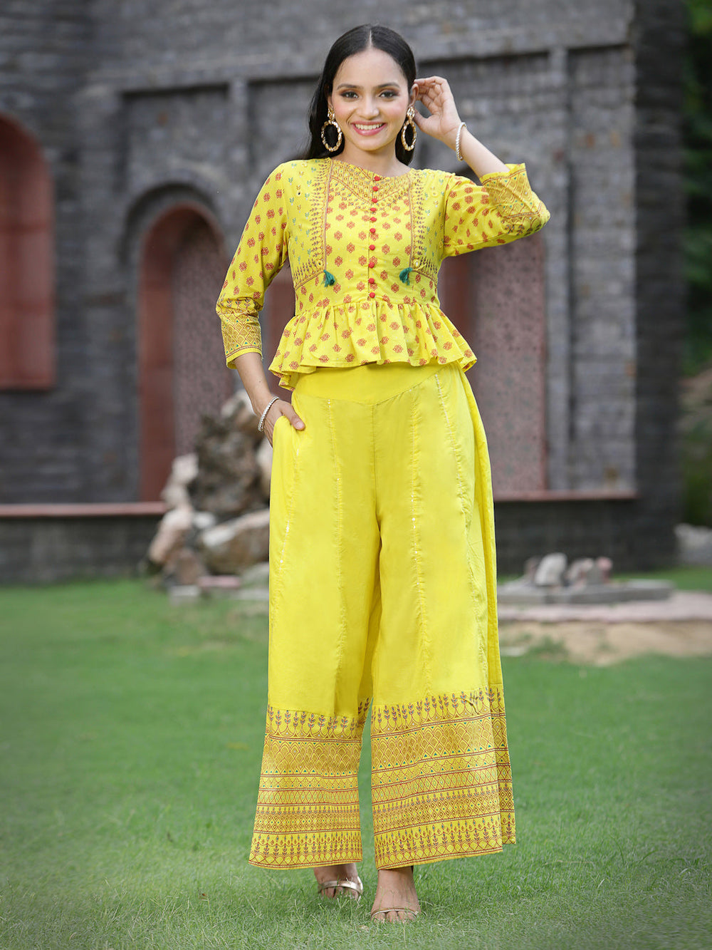 Juniper Women's Yellow Cambric Printed Peplum Clothing Set | Swadesiicart