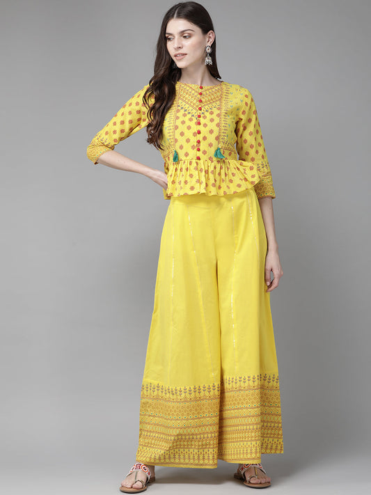 Juniper Women Yellow Cambric Printed Peplum Clothing Set | Swadesiicart