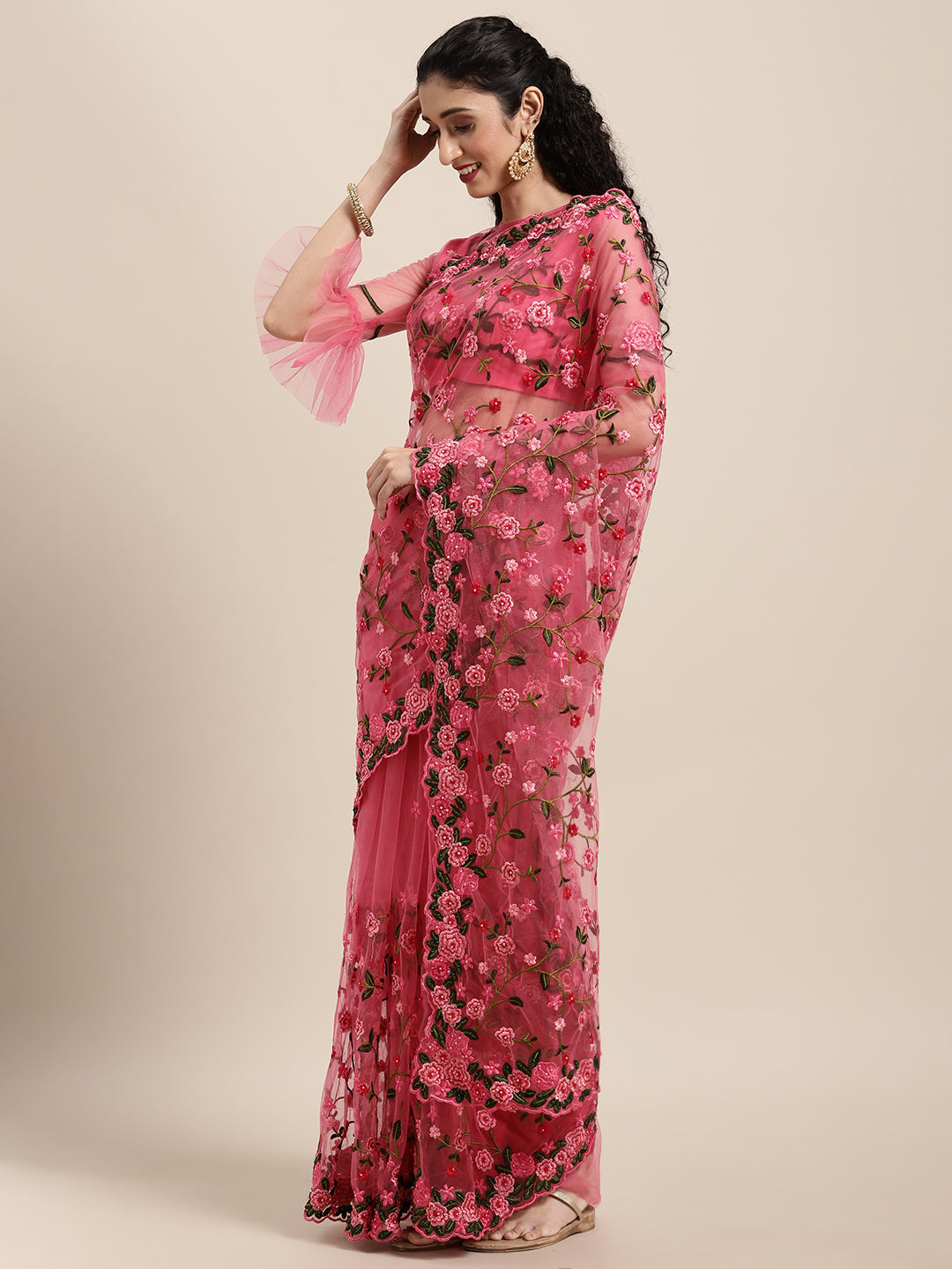 Tikhi Imli Pink & Green Beads and Stones Net Heavy Work Saree | Swadesiicart