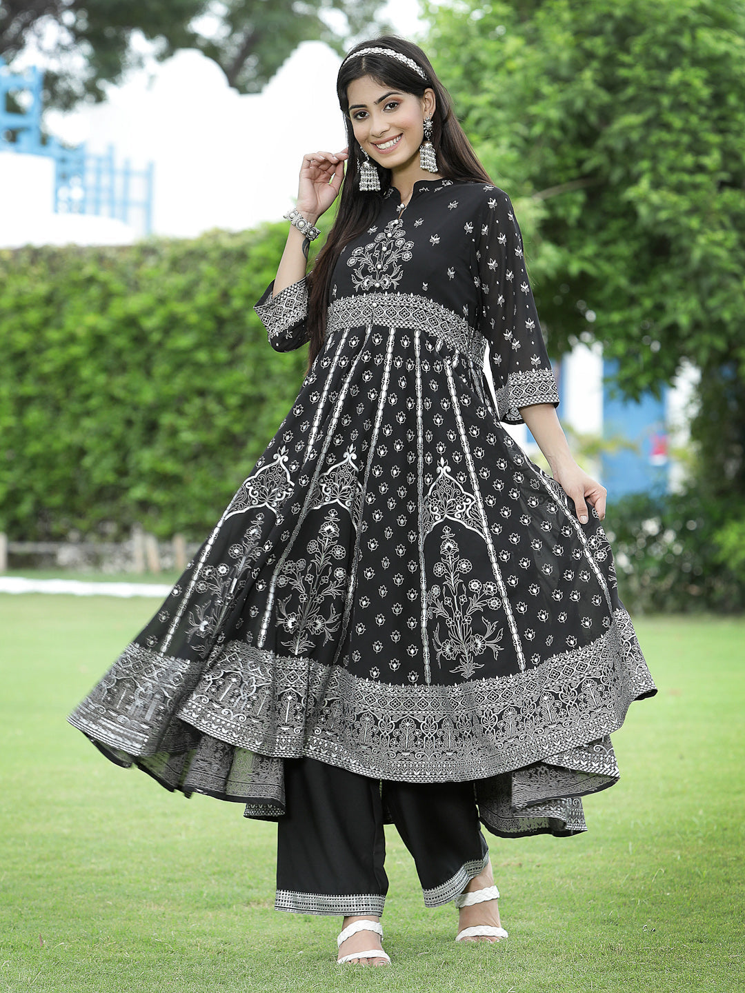 Juniper Womens Black Georgette Foil Printed Circular Kurta Dress With Solid Palazzo Set | Swadesiicart