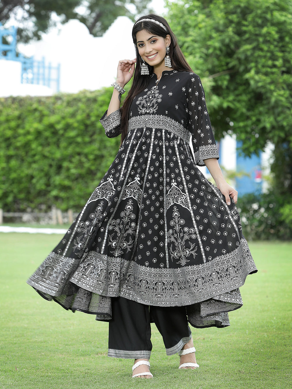 Juniper Women's Black Georgette Printed Anarkali Kurta Sets | Swadesiicart