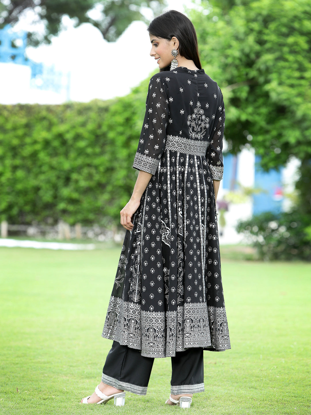 Juniper Womens Black Georgette Foil Printed Circular Kurta Dress With Solid Palazzo Set | Swadesiicart