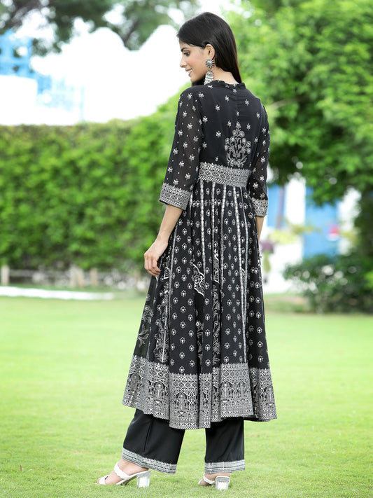 Juniper Womens Black Georgette Foil Printed Circular Kurta Dress With Solid Palazzo Set | Swadesiicart