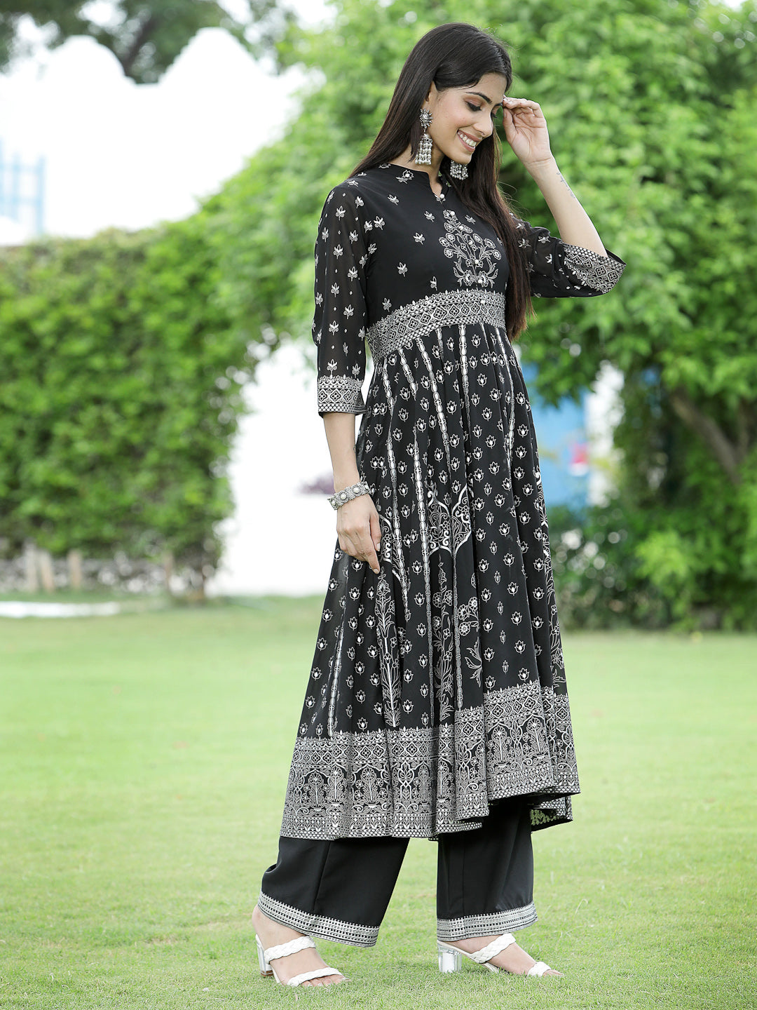Juniper Womens Black Georgette Foil Printed Circular Kurta Dress With Solid Palazzo Set | Swadesiicart