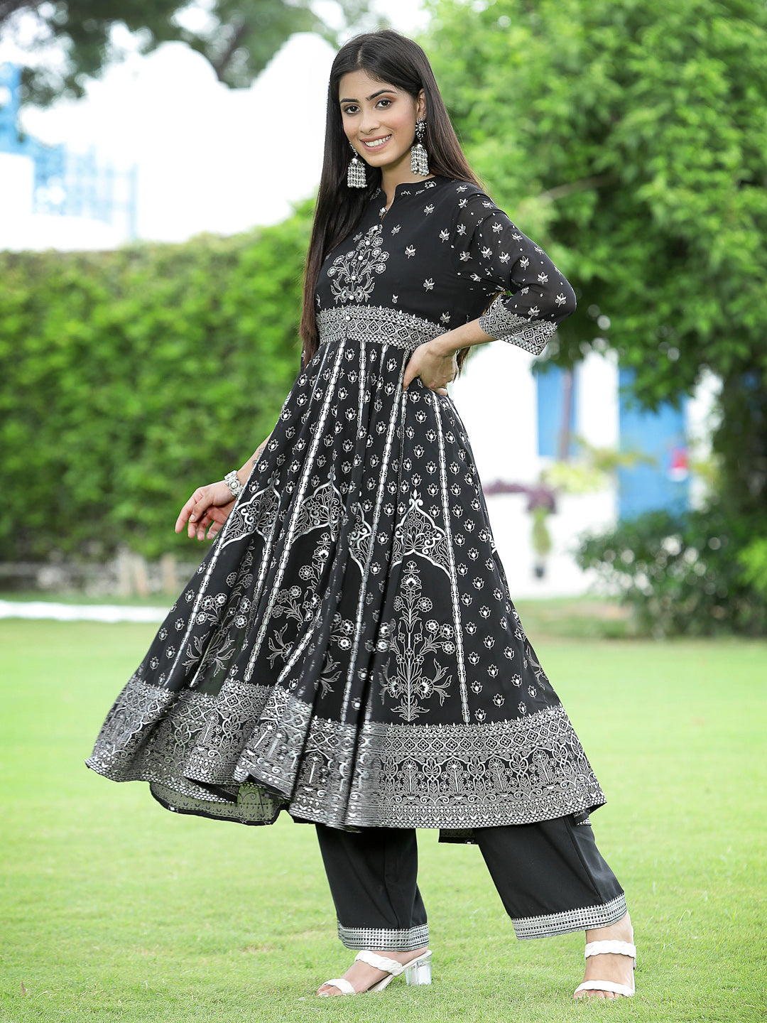 Juniper Womens Black Georgette Foil Printed Circular Kurta Dress With Solid Palazzo Set | Swadesiicart
