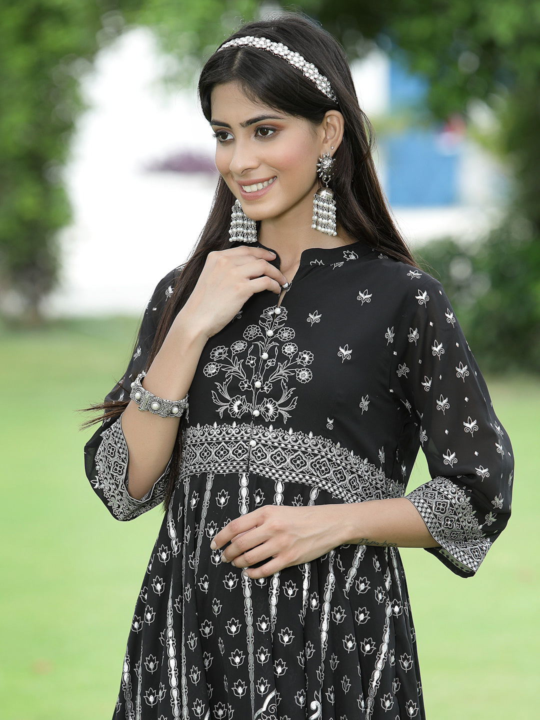 Juniper Womens Black Georgette Foil Printed Circular Kurta Dress With Solid Palazzo Set | Swadesiicart