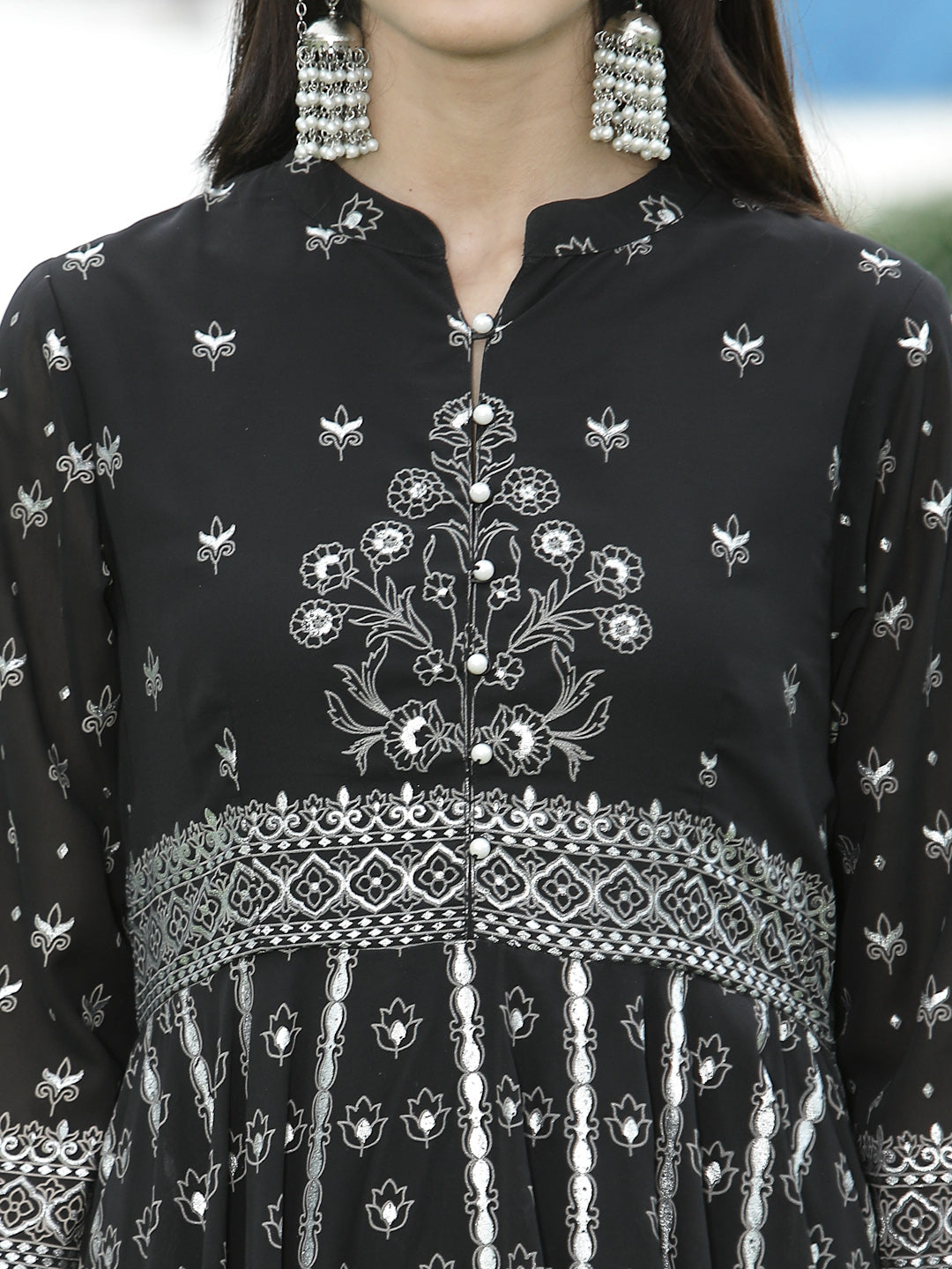 Juniper Womens Black Georgette Foil Printed Circular Kurta Dress With Solid Palazzo Set | Swadesiicart