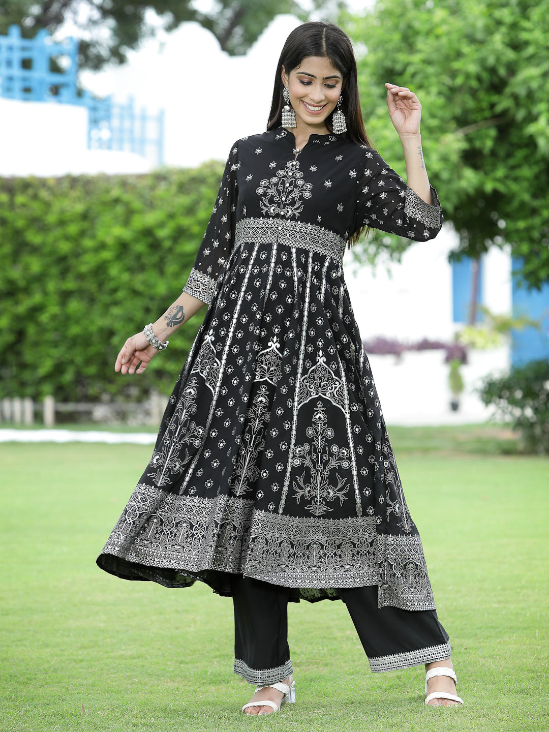 Juniper Womens Black Georgette Foil Printed Circular Kurta Dress With Solid Palazzo Set | Swadesiicart