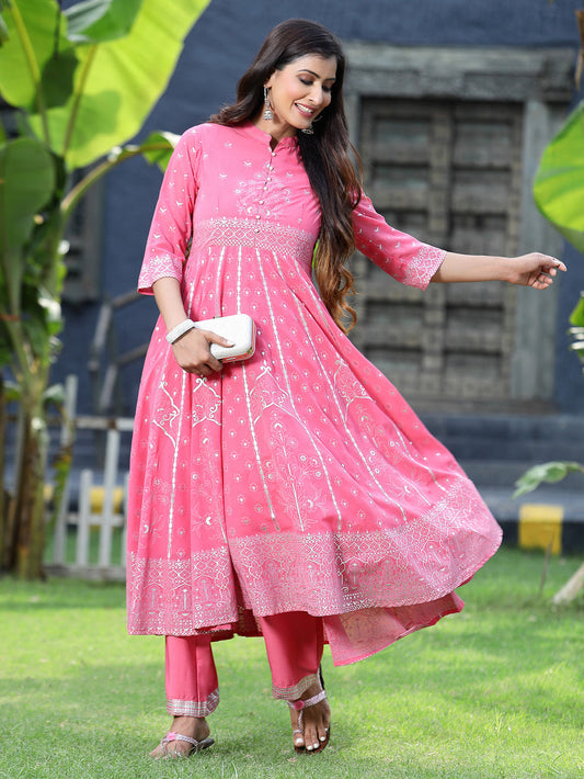 Juniper Women's Coral Georgette Printed Anarkali Kurta Sets - Swadesiicart