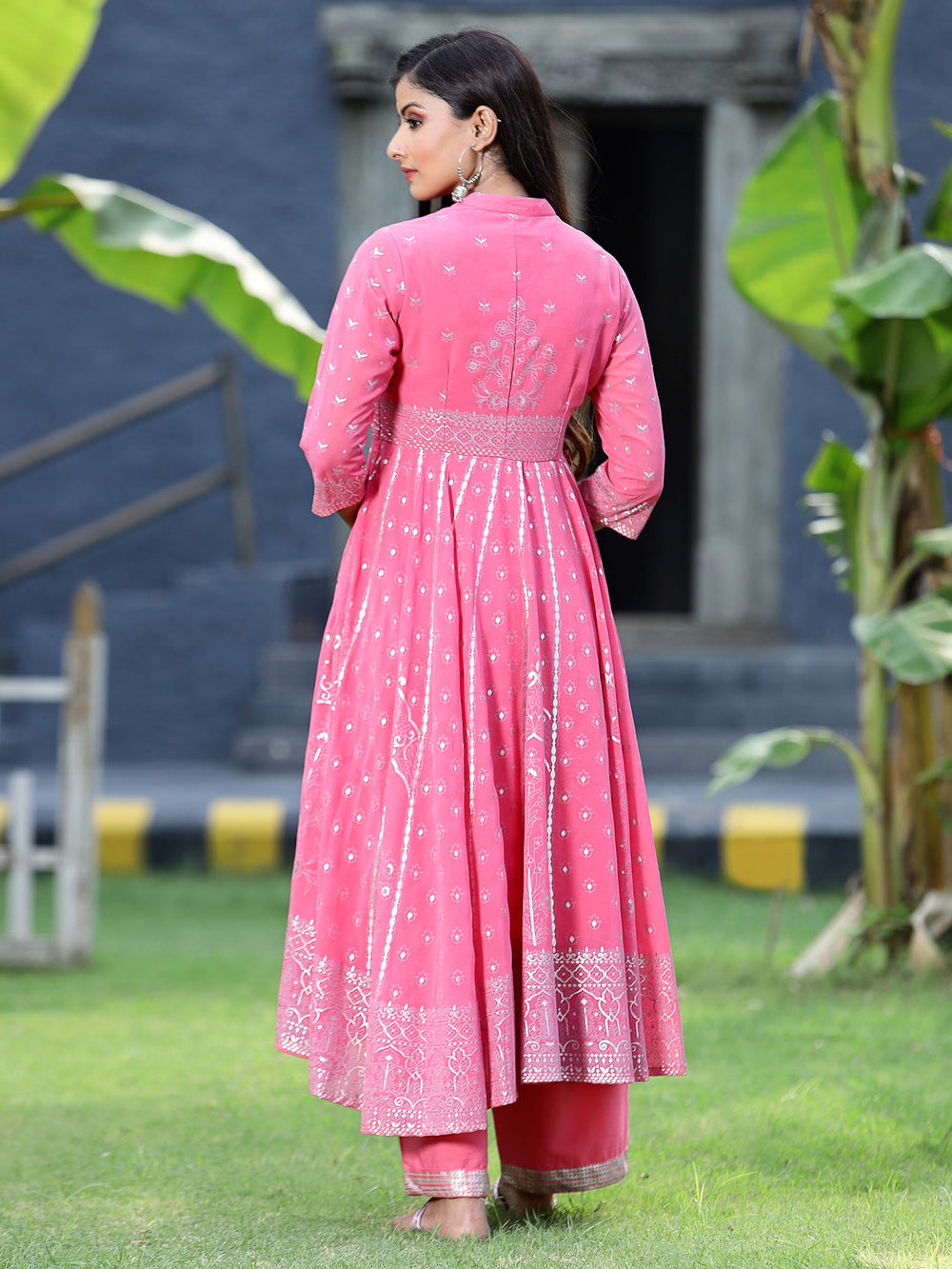 Juniper Women's Coral Georgette Printed Anarkali Kurta Sets - Swadesiicart