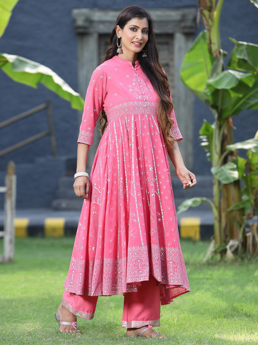 Juniper Women's Coral Georgette Printed Anarkali Kurta Sets - Swadesiicart