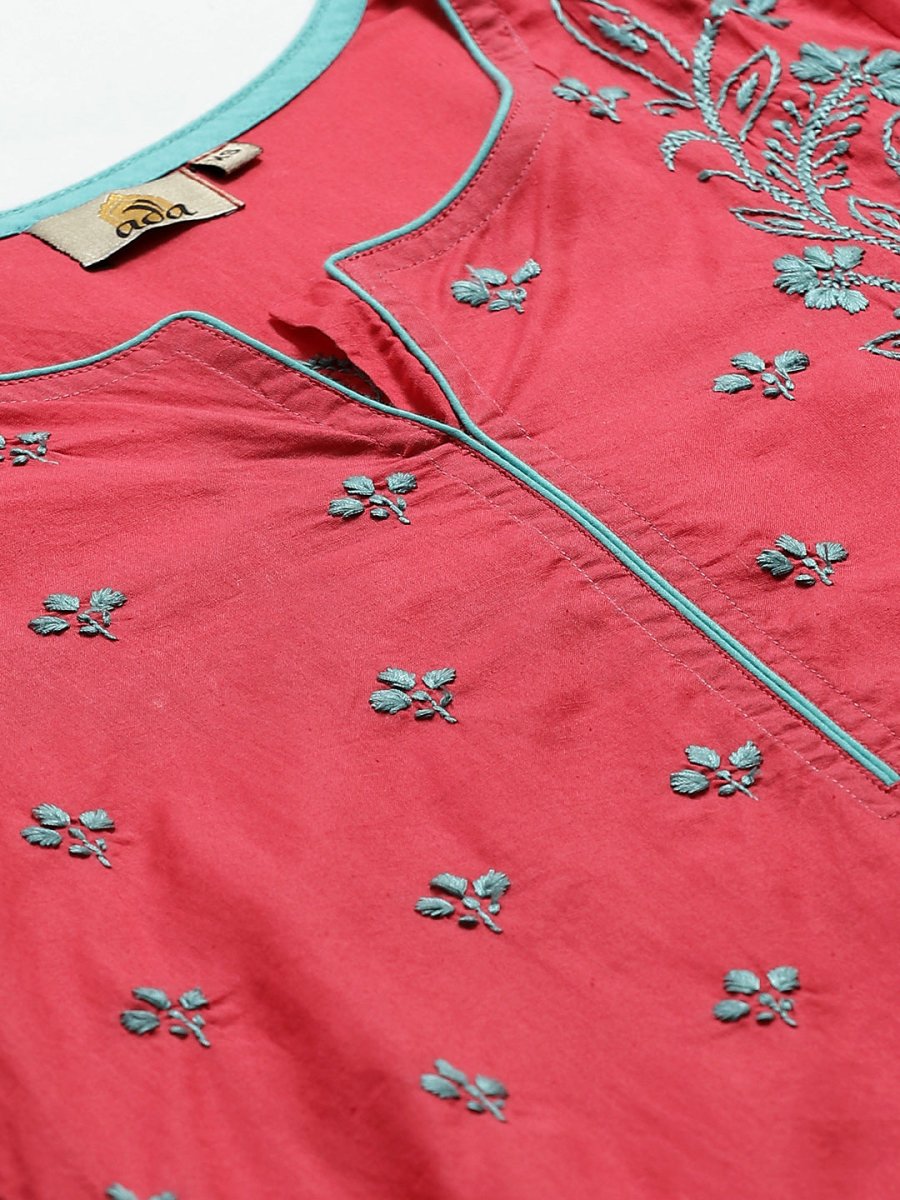 ADA Women Pink & Blue Chikankari Hand Embroidered Sustainable Handloom Kurta with Trousers | Swadesiicart