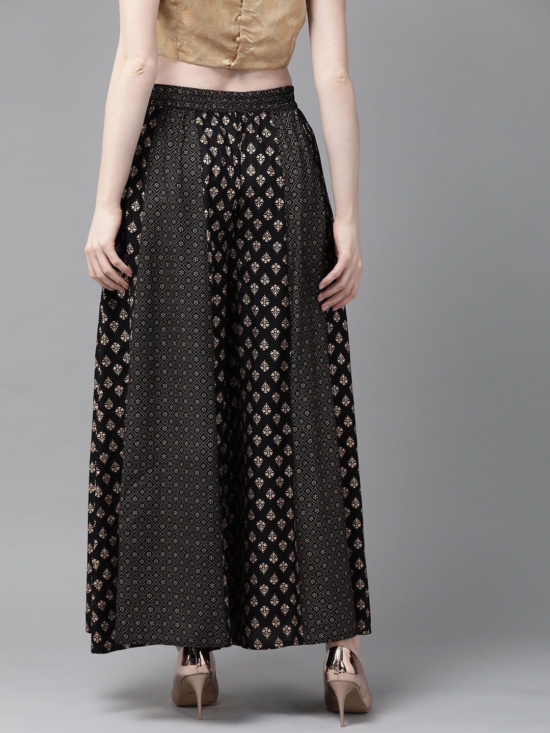 Juniper Women Black Rayon Printed Flared Palazzo | Swadesiicart
