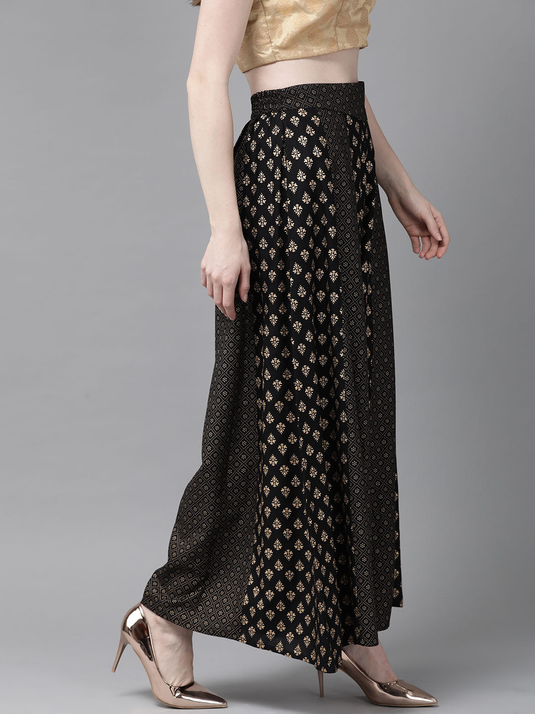Juniper Women Black Rayon Printed Flared Palazzo | Swadesiicart