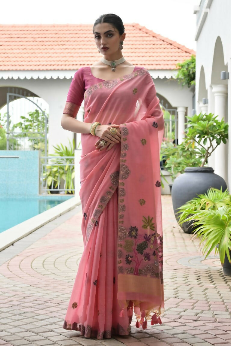 Vishnu Weaves Women's Pink Muga Cotton Thread Weaving Saree with Blouse - Swadesiicart