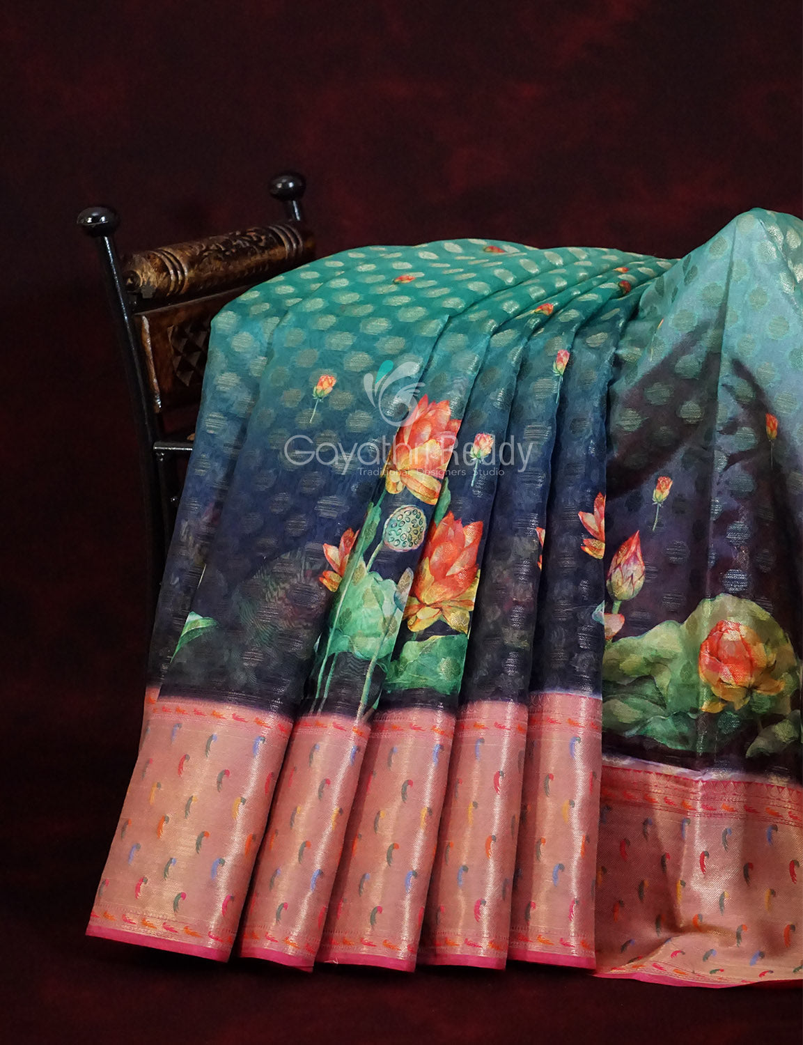 Green and Pink Banaras Border Floral Design Banarasi Semi Silk Saree By Gayathri Reddy Designer Studio | Swadesiicart