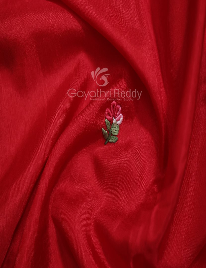 Vibrant Bright Red With Floral Motifs Pure Dola Silk Saree By Gayathri Reddy Designer Studio | Swadesiicart