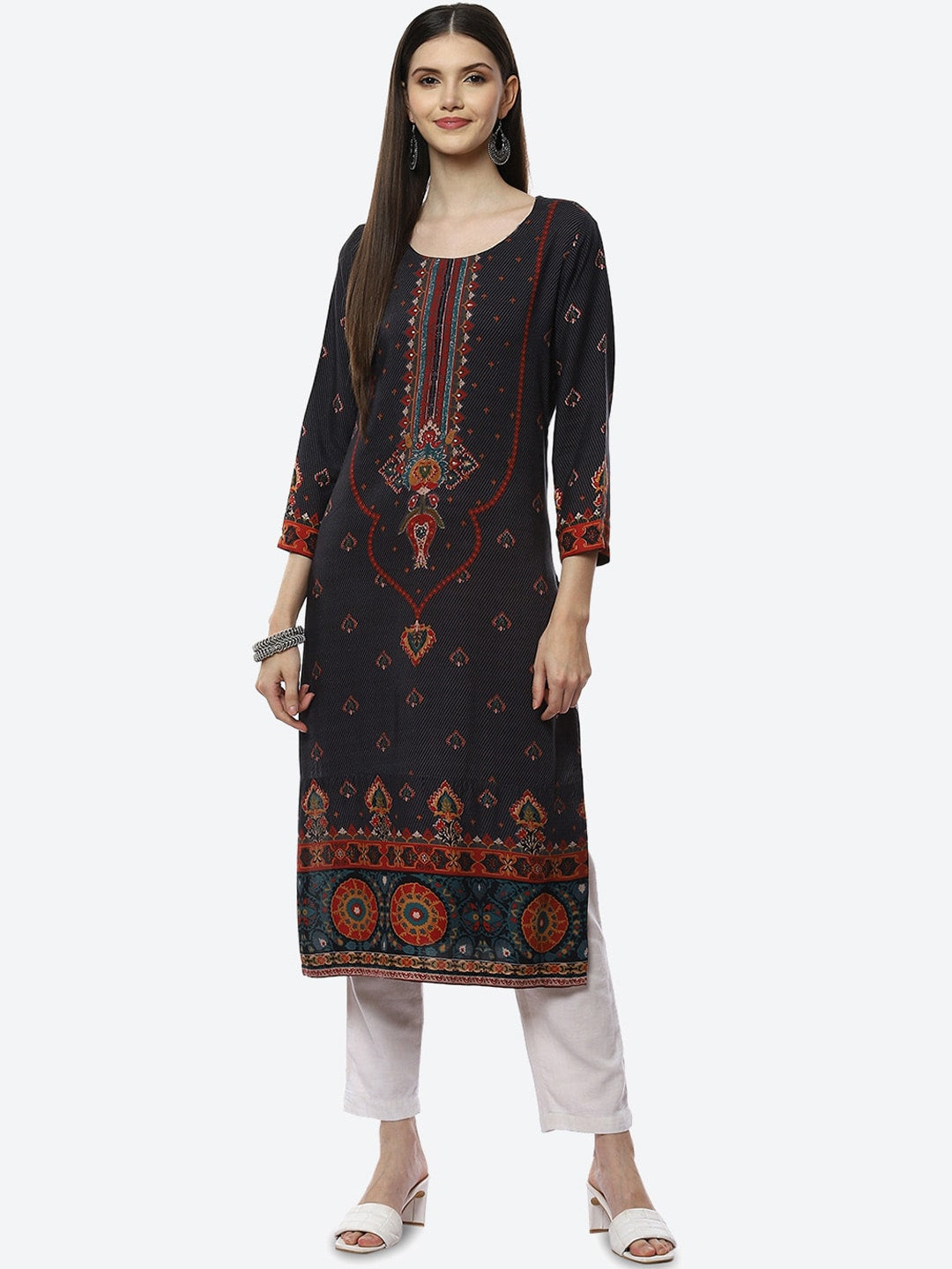 Biba Women Black Ethnic Motifs Printed Kurta - Swadesiicart