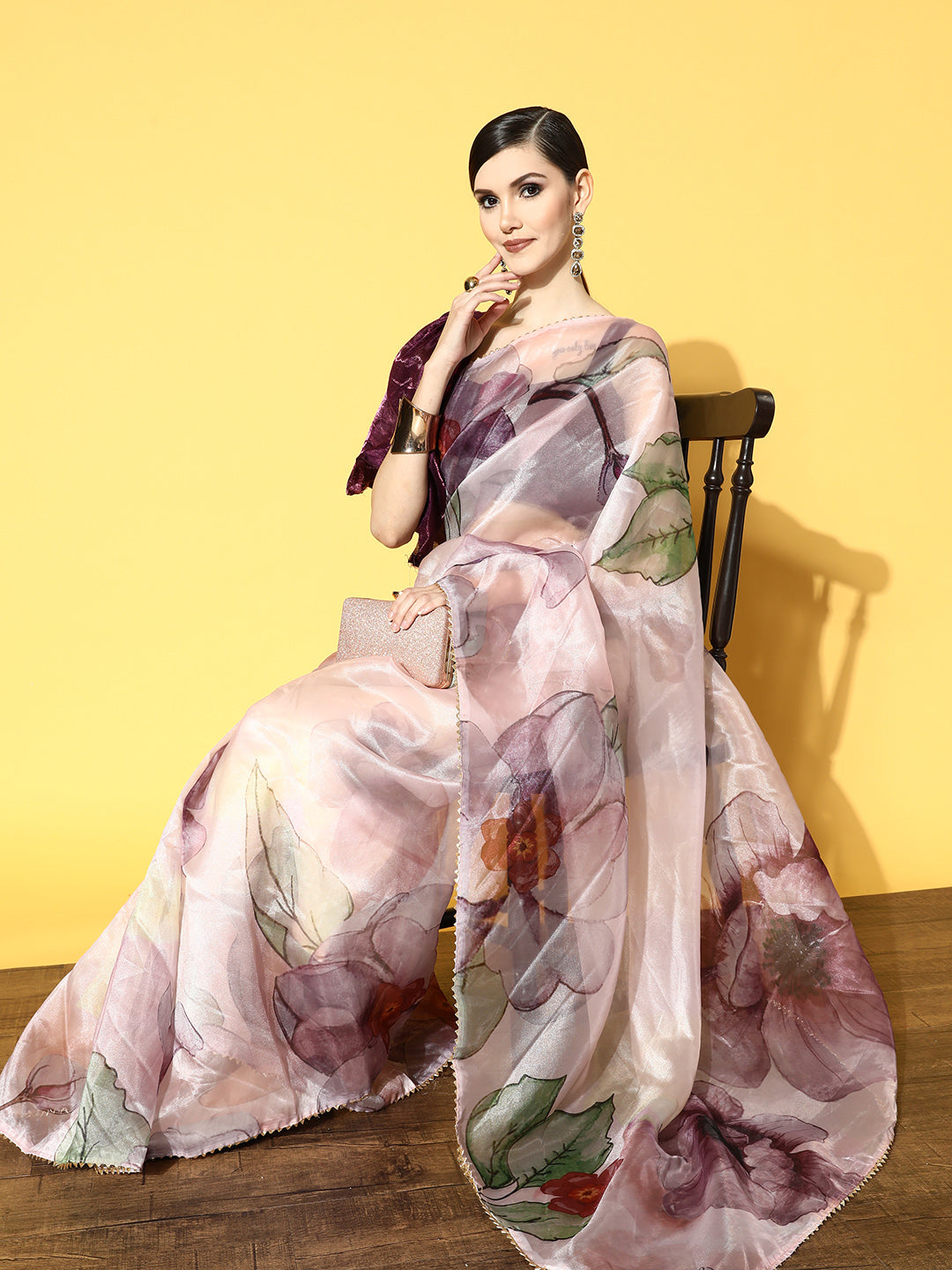 Tikhi Imli Pink & Mauve Floral Organza Saree | Swadesiicart