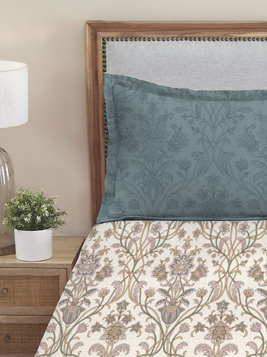 MYTRIDENT Dusk and Dawn Beige Ethnic Motifs Cotton 144 TC Single Bedsheet 1 Pillow Cover - Swadesiicart
