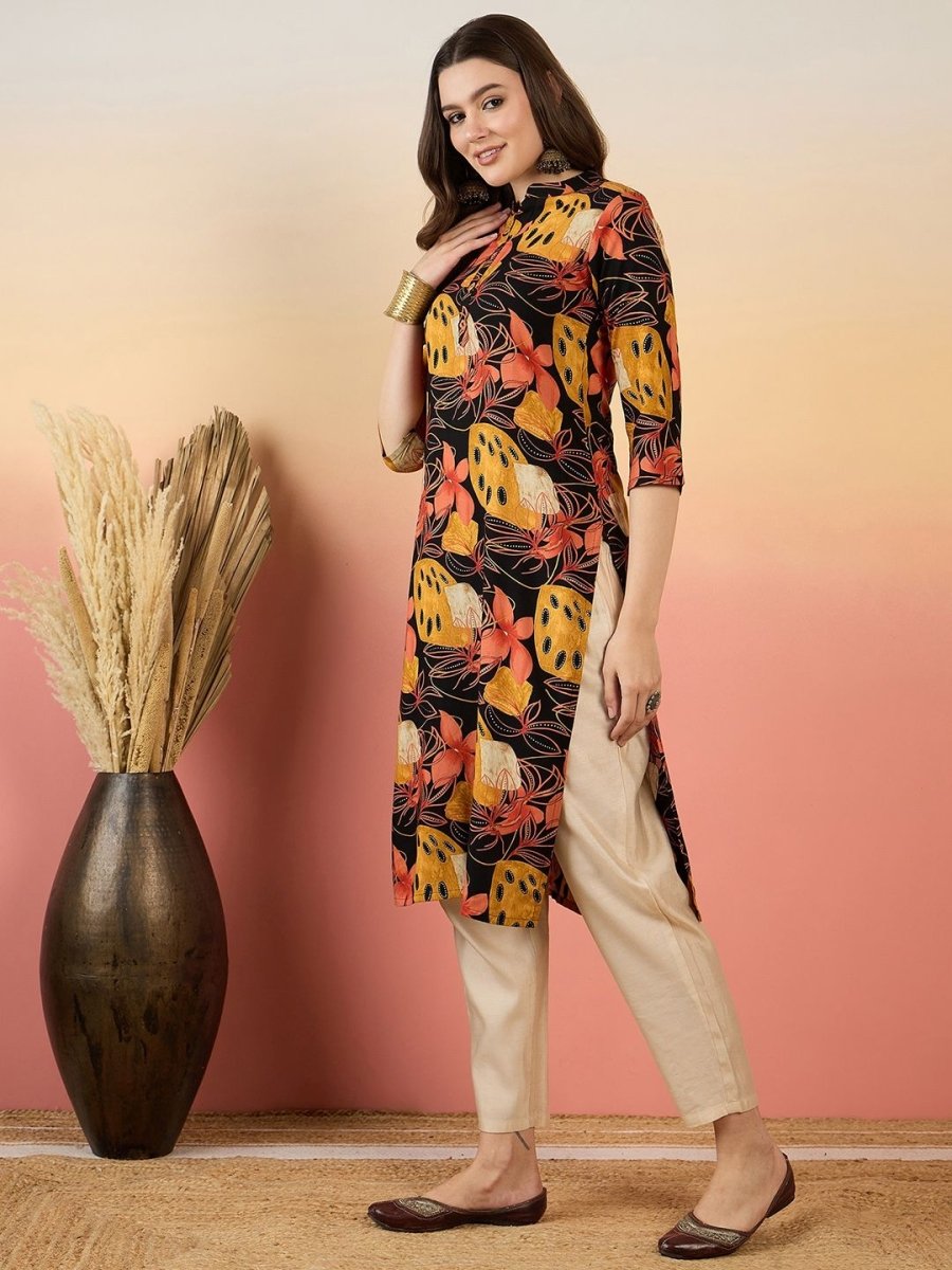 Anouk Floral Printed Mandarin Collar Straight Kurta - Swadesiicart
