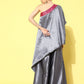 InWeave Women's Grey Pink Brocade Satin Oneshoulder Kurta Set - Swadesiicart