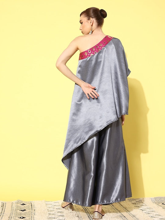 InWeave Women's Grey Pink Brocade Satin Oneshoulder Kurta Set - Swadesiicart