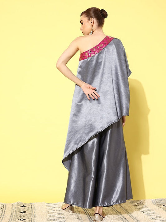 InWeave Women's Grey Pink Brocade Satin Oneshoulder Kurta Set - Swadesiicart