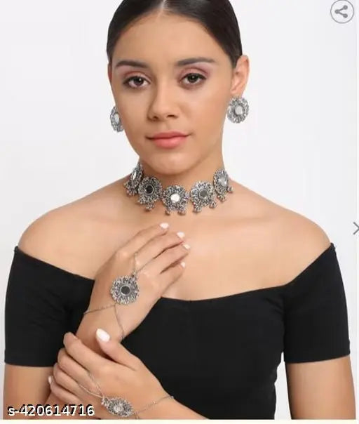 Tehzeeb Creations Women's Silver Plated Oxidised Necklace Set With Bracelet - Swadesiicart