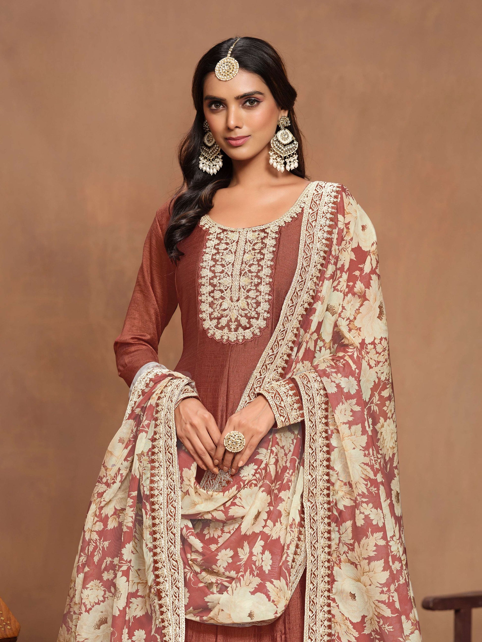 Anaita Coffee Embroidered Art Silk Anarkali Suit