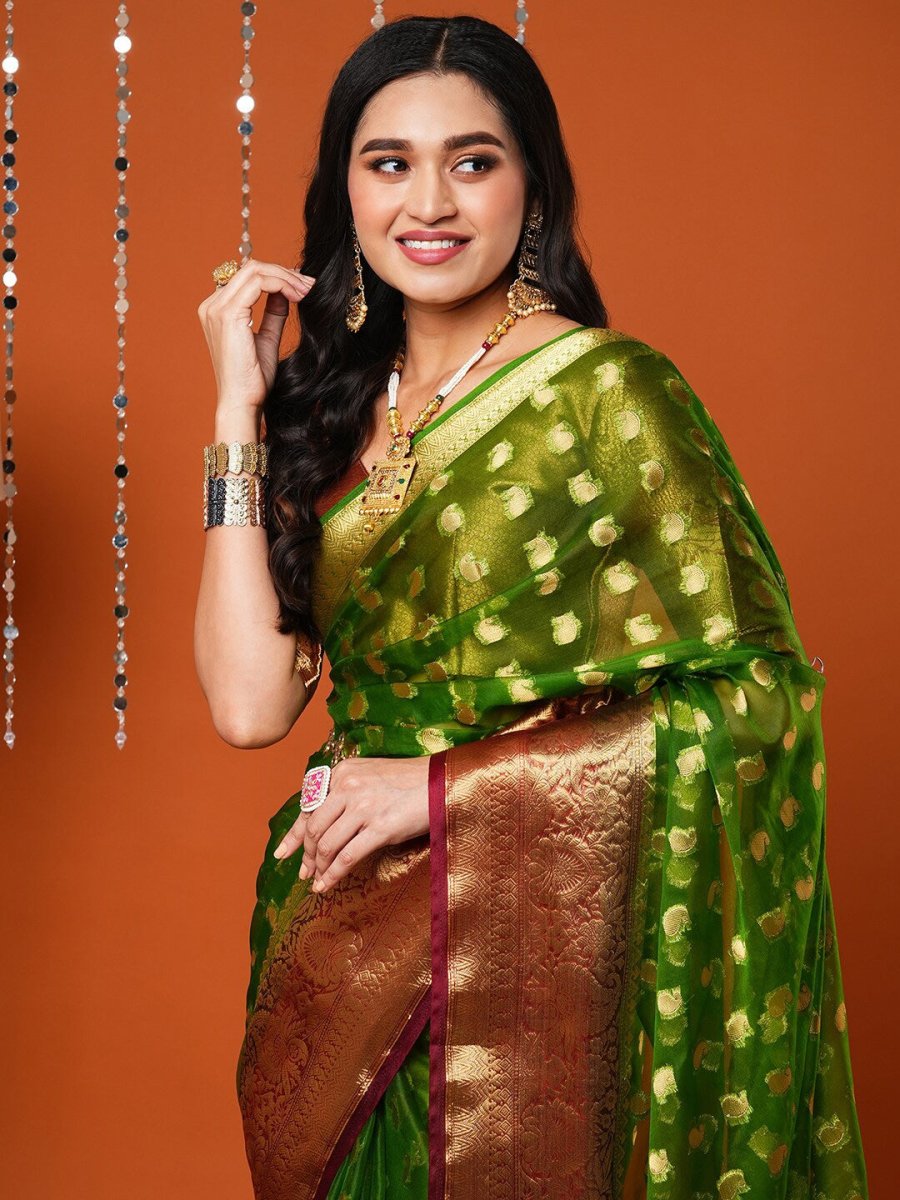 Anouk Green Paisley Woven Design Zari Organza Banarasi Saree | Swadesiicart