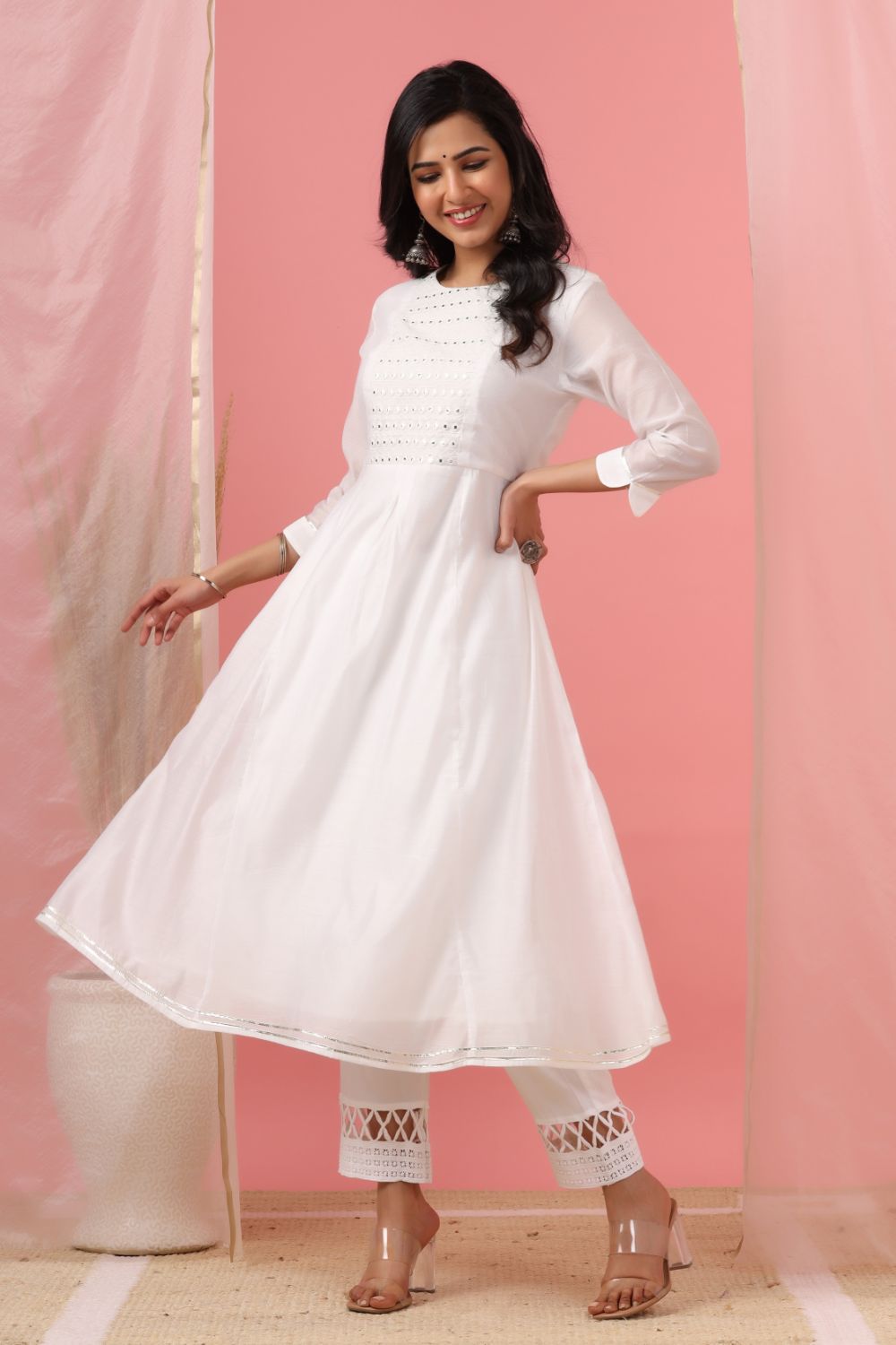Juniper Womens White Cotton Chanderi Embellished A-Line Kurta - Swadesiicart