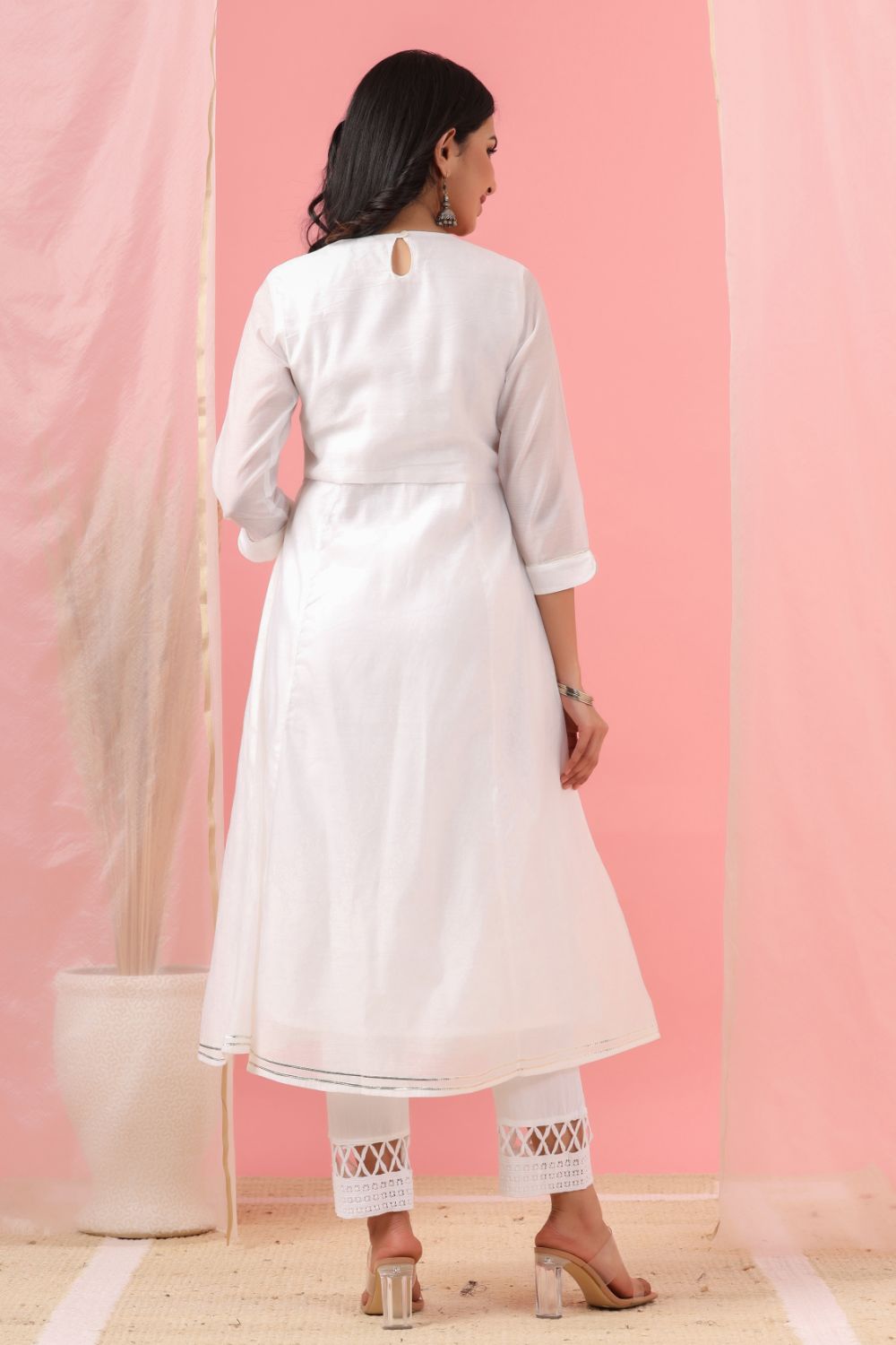 Juniper Womens White Cotton Chanderi Embellished A-Line Kurta - Swadesiicart