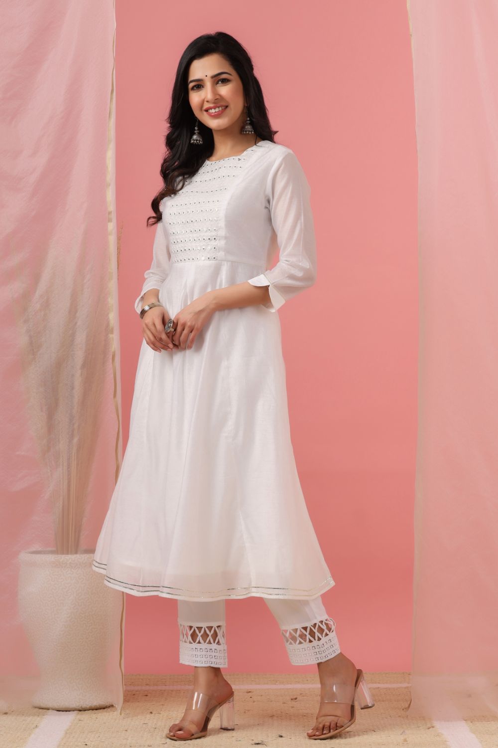 Juniper Womens White Cotton Chanderi Embellished A-Line Kurta - Swadesiicart