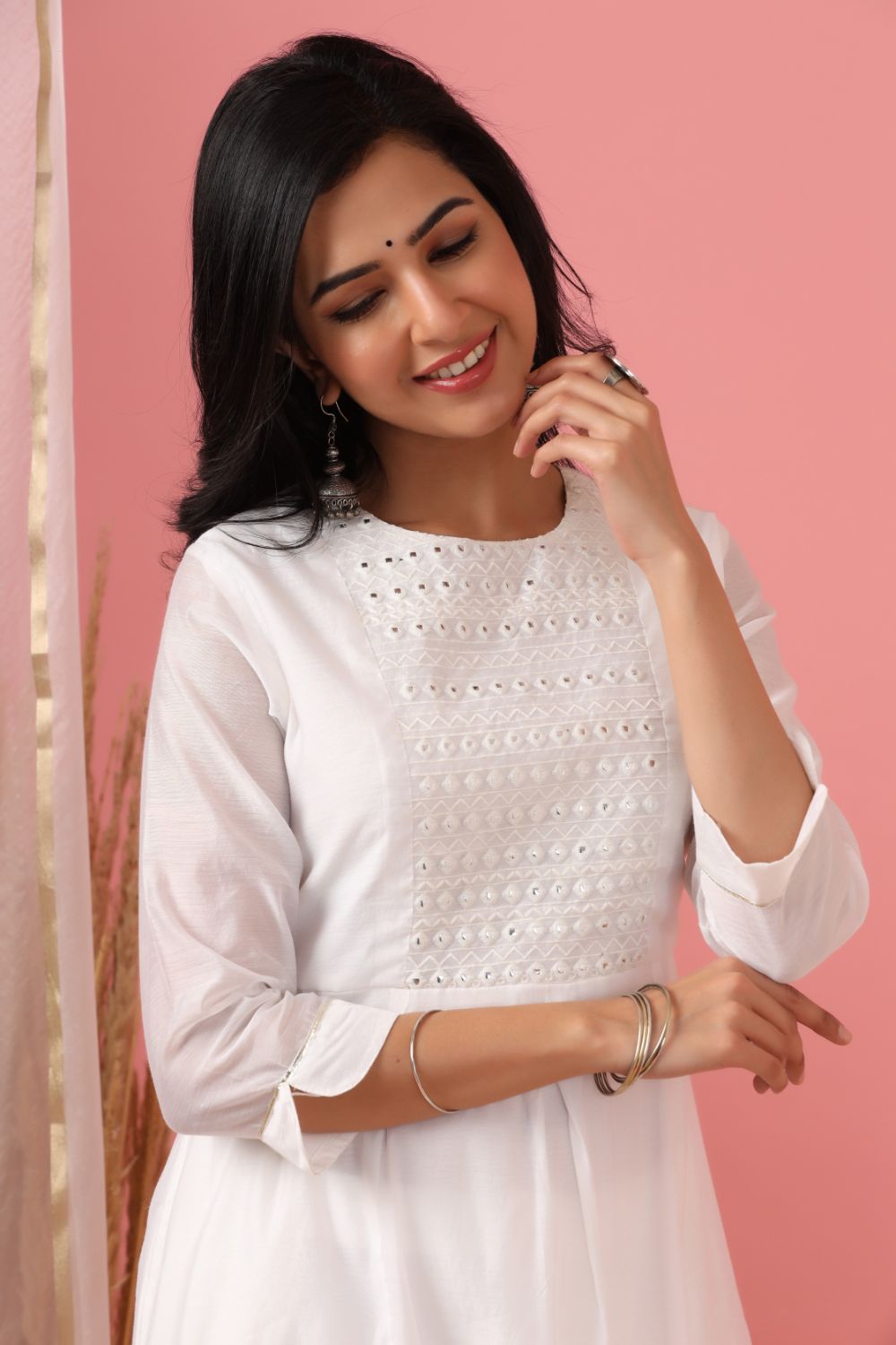 Juniper Womens White Cotton Chanderi Embellished A-Line Kurta - Swadesiicart