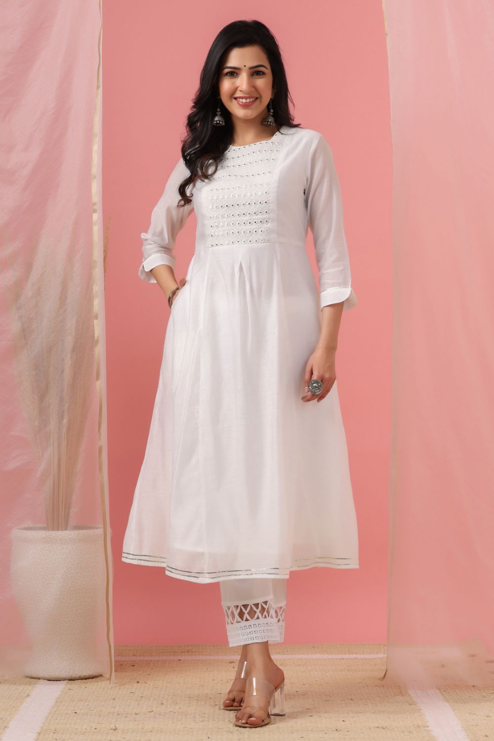 Juniper Womens White Cotton Chanderi Embellished A-Line Kurta - Swadesiicart