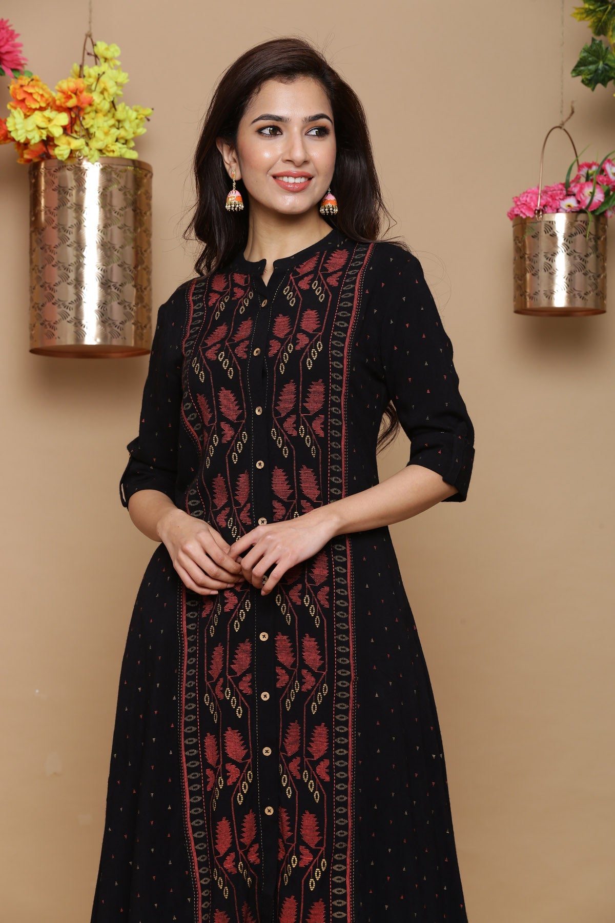 Juniper Womens Black Rayon Slub Printed Kurta | Swadesiicart