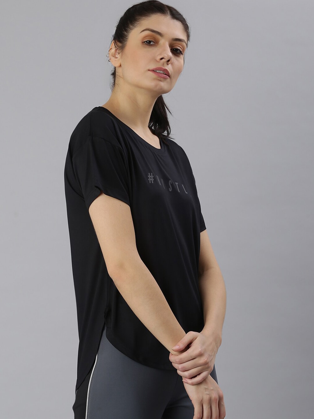 MKH Women Black Typography Printed Dri-FIT Sports T-shirt - Swadesiicart