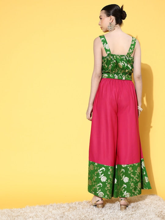 InWeave Women's Green Brocade Strappy Top W Fuchsia Green Brocade Palazzo Set - Swadesiicart