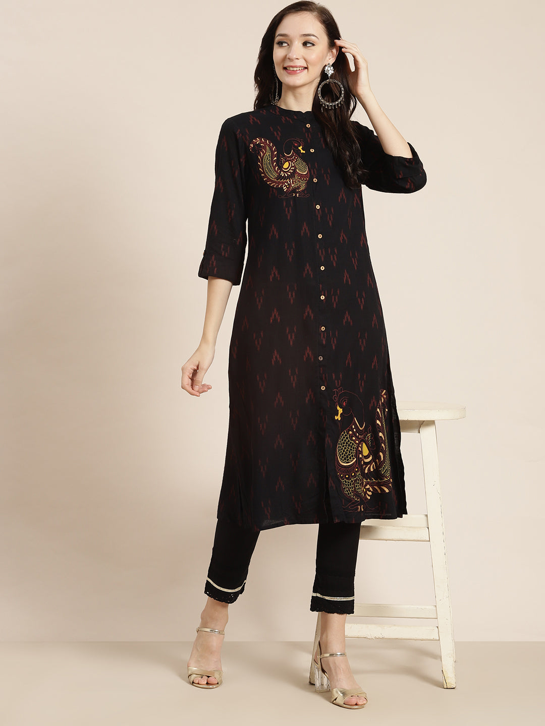 Juniper Womens M-Black Rayon Slub Printed Kurta - Swadesiicart