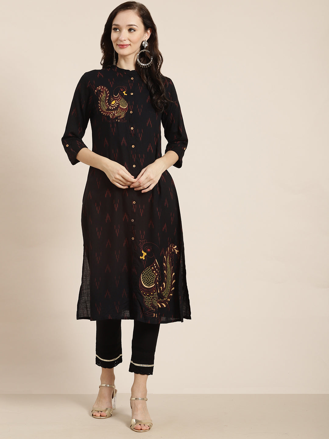 Juniper Womens M-Black Rayon Slub Printed Kurta - Swadesiicart