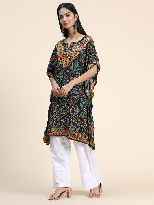 HOUSE OF KARI Ethnic Motifs Printed Chikankari Embroidery Cotton Kaftan Kurta | Swadesiicart