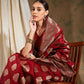 Sangria Red Ethnic Motifs Woven Design Zari Banarasi Saree | Swadesiicart