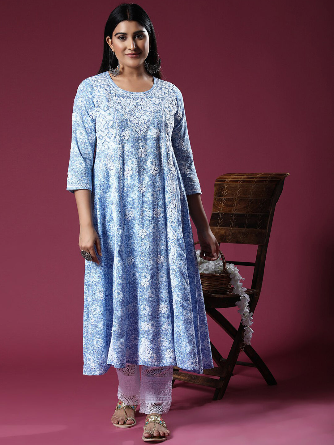 HOUSE OF KARI Floral Embroidered Chikankari Cotton Anarkali Kurta | Swadesiicart