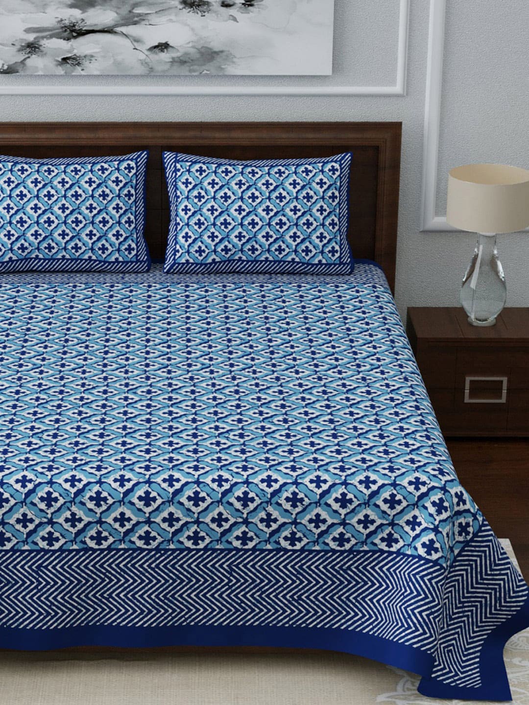 LIVING ROOTS Blue & White Ethnic Motifs 210 TC King Bedsheet With 2 Pillow Covers - Swadesiicart