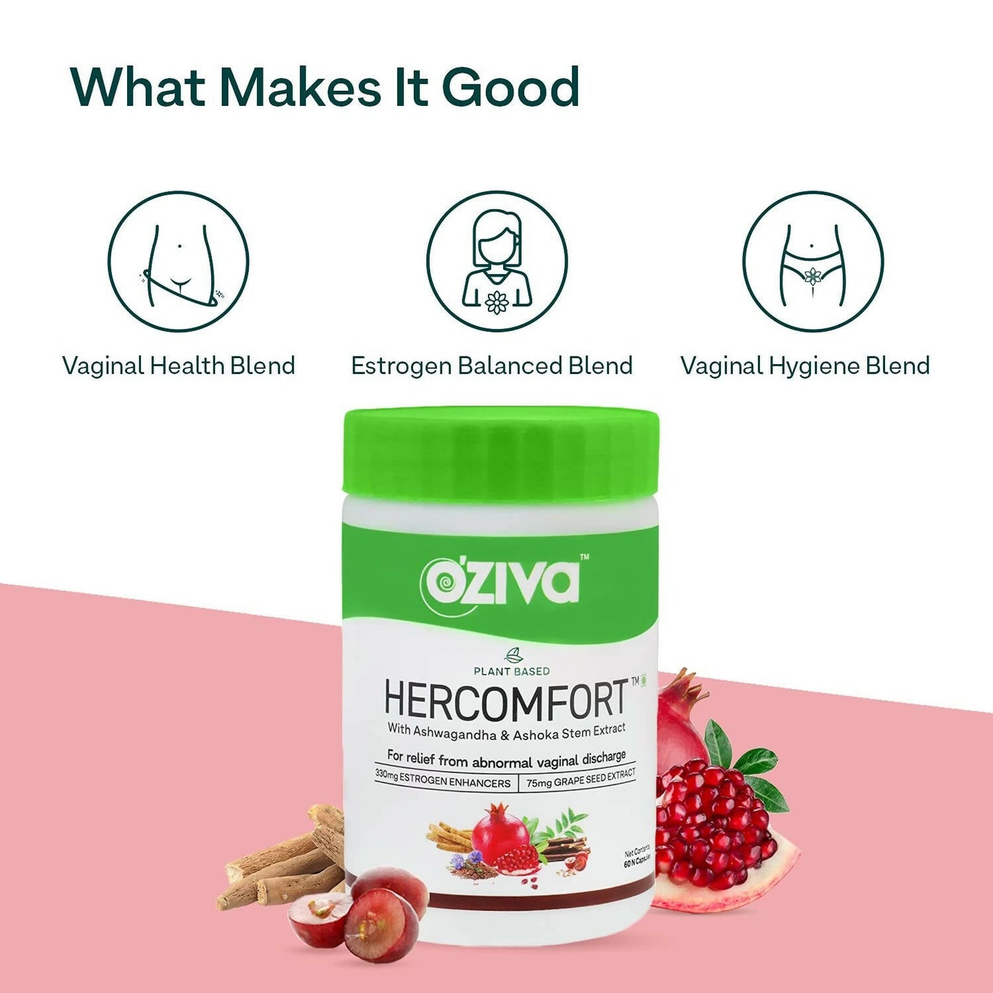 OZiva Plant Based HerComfort with Ashwagandha, Flax Seeds & Ashoka Stem Extracts Capsules - Swadesiicart