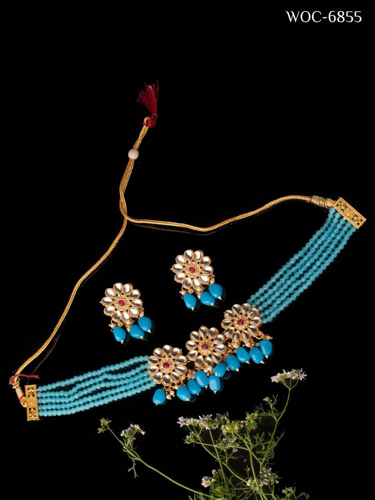 Mominos Fashion Johar Kamal Women's Sky Blue Beads Pearls Gold-Polished Jewellery Set | Swadesiicart