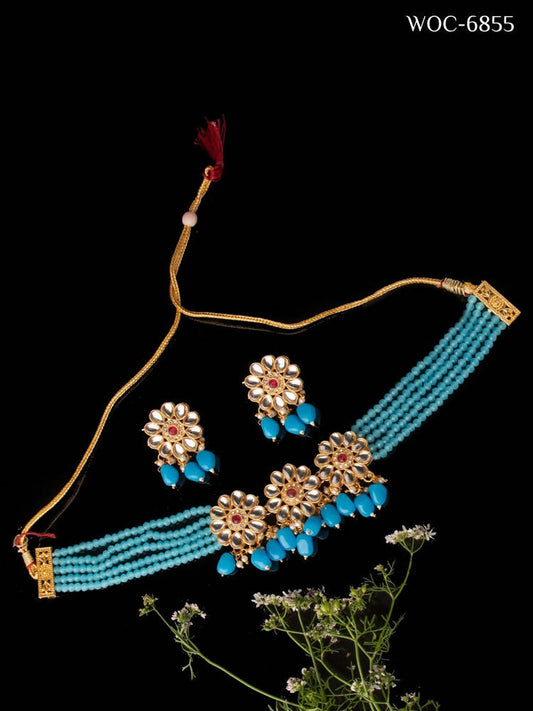 Mominos Fashion Johar Kamal Women's Sky Blue Beads Pearls Gold-Polished Jewellery Set | Swadesiicart