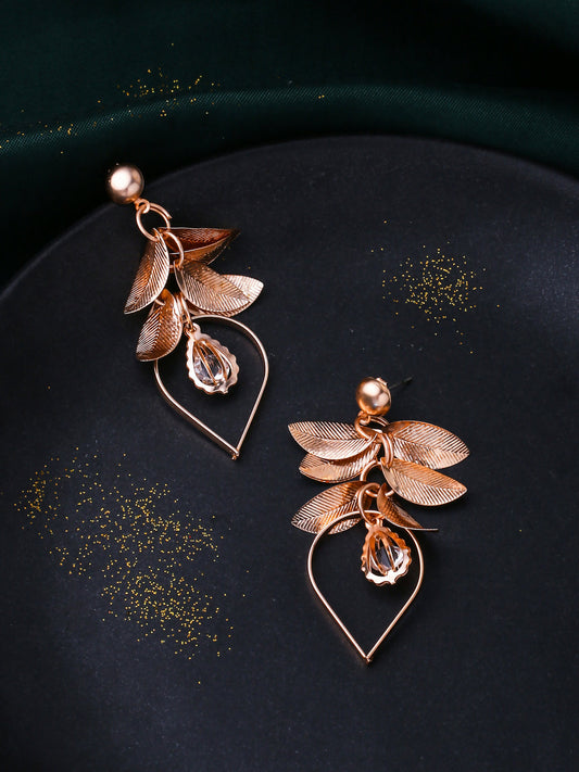 NVR Women Rose Gold Leaf Shaped Drop Earrings | Swadesiicart